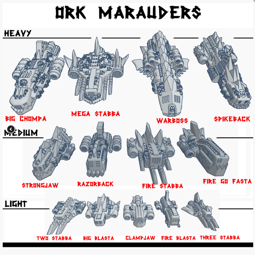 a bunch of ork themed space ship models rendered with names below.
