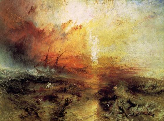 JMW Turner’s 1840 oil painting “The Slave Ship”.

A burning, stormy, orange sky illuminates a sinking ship, the roiling sea in the foreground littered with the hands and manacles of drowning men. Fish and seabirds flock to feed on the victims.