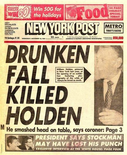 The front page of the November 18, 1981 issue of the New York Post, featuring the story that partly inspired Suzanne Vega’s “Tom’s Diner”—the death of actor William Holden.

“Drunken Fall Killed Holden,” the headline says. “He smashed his head on table, says coroner: Page 3”

A faded photo shows Holden with a drinking glass in his hand. The caption reads: “William Holden, pictured in New York last year, at the opening of an exhibition featuring photographs of the wilds of Kenya he loved so much…