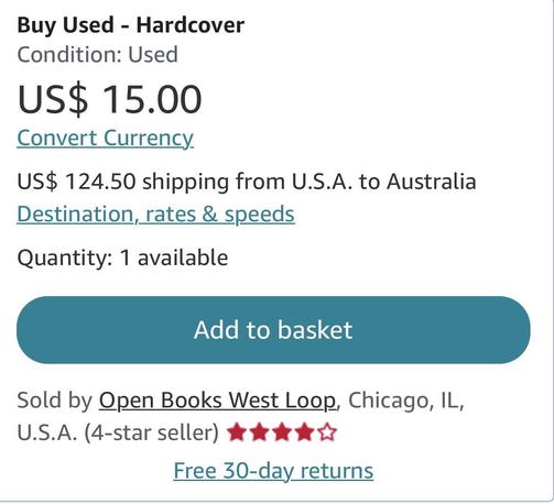 A screenshot from AbeBooks, showing a price of USD 15.00 for a used hardcover—and shipping fees of USD 124.50 from the US to Australia.