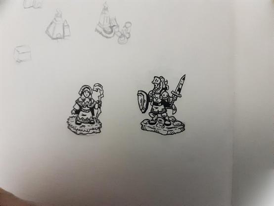 Tiny ink White Mage and Knight based on Final Fantasy Tactics, mage with tunic and holding a staff, and knight with full plate armor holding shield and sword.