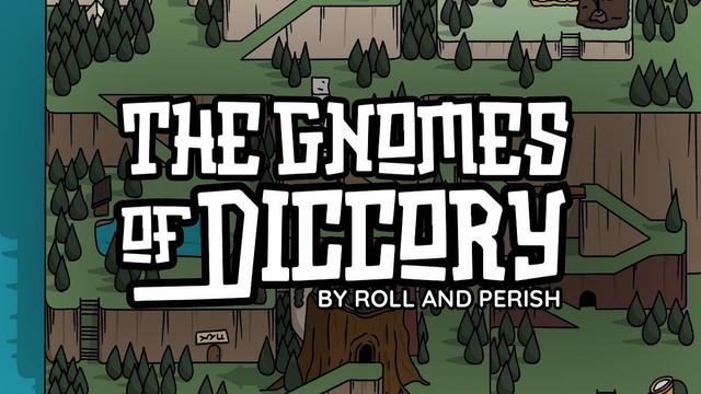 The Gnomes of Diccory logo over a map of the world of Diccory, a cute and cartoony place where gnomes live in a hollowed out old oak stump. It also states that the game is by Roll and Perish.