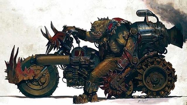 An ork from Warhammer 40,000, with a prosthetic chainsword arm, rides a robust, low-slung, half-track motorbike, the vehicle festooned with metal spikes and belching thick smoke from the rocket engine on its back.