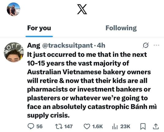 A Twitter/X post from Ang (@tracksuitpant):

“It just occurred to me that in the next 10-15 years the vast majority of Australian Vietnamese bakery owners will retire & now that their kids are all pharmacists or investment bankers or plasterers or whatever we're going to face an absolutely catastrophic Bánh mì supply crisis.”