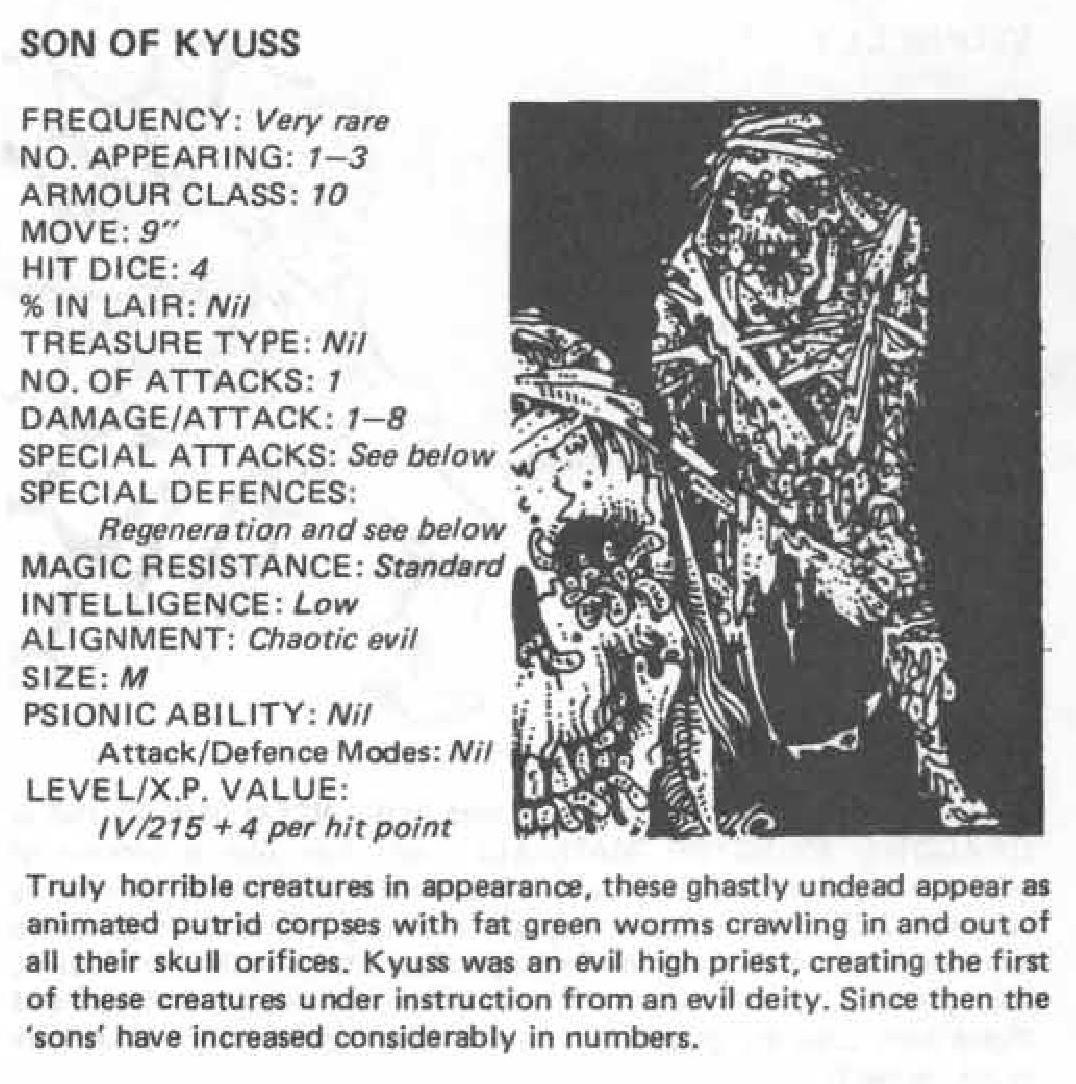 A stat block accompanied with a black and white drawing of a hideous, partially skeletal undead creature wearing tattered grave clothes. The description says that they appear as animated putrid corpses.
