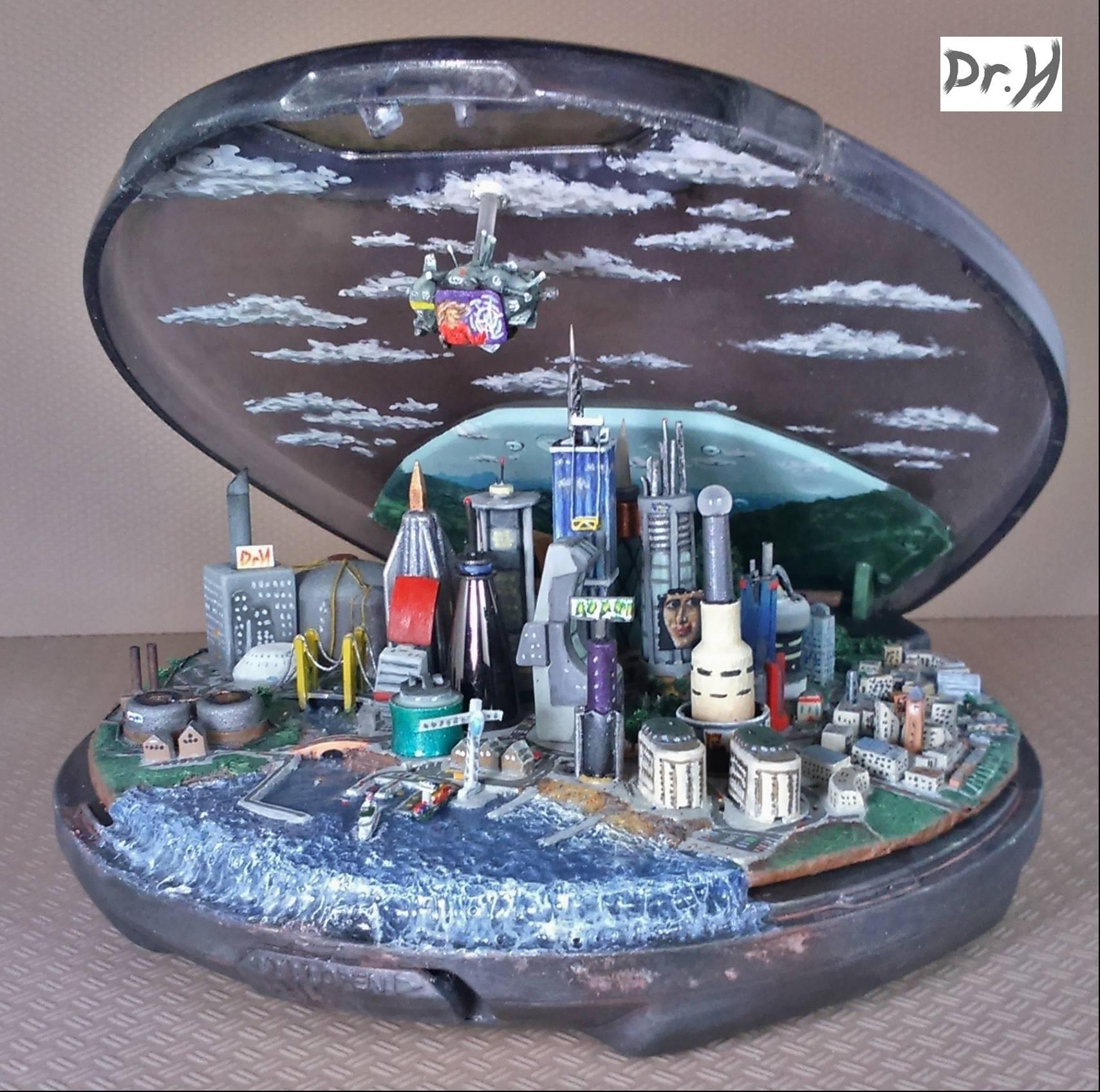 CD city. A city in a CD player. Front view.