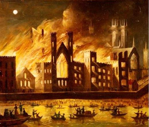 An 1834 painting of Westminster Palace on fire.