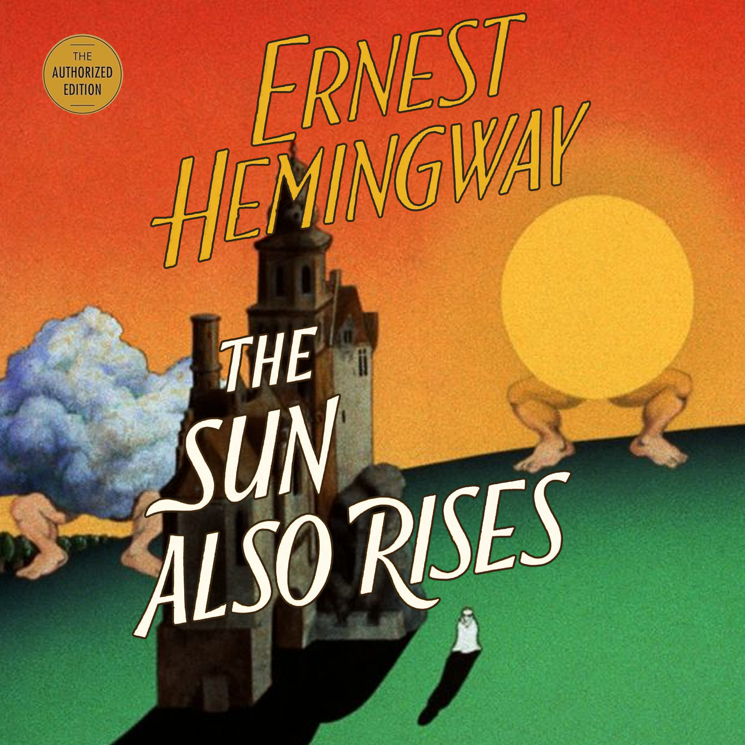 The audio book cover of "The Sun Also Rises" by Ernest Hemingway but with the picture replaced by the Terry Gilliam Sun Cartoon from Monty Python and the Holy Grail
