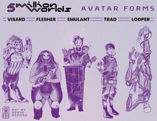 5 Million Worlds. AVATAR FORMS: five transhuman types, all in purple duotone. 
Art by Roque Romero
VISARD: Smaller than the others, with a tall mask over their face that projects Augmented Reality / Holographic images. Backwards knees.
FLESHER: Round and fleshy, clothing appears to be organic.
EMULANT: An artificial person, classy, stylish and standing in front of a podium.
TRAD: A regular human. She looks cool, almost pirate-like.
LOOPER: Upside down, in Zero-G. Their feet are hands, their body and limbs are extremely enlongated, and they're wearing a light exoskeletal muscular reinforcement suit, repairing some stuff.


