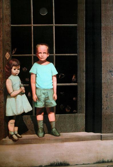Painting of a young boy in t-shirt and shorts standing on a doorstep, squinting coolly at the viewer beneath an expansive forehead. Beside him, the lifelike doll of a girl rests against the doorframe, clutching what appears to be a bottle with wires protruding from the top. The door behind them consists of glass panes, behind which a dozen disembodied hands can be seen. At the door’s top, directly above the boy, the moon reflects from a glass pane, dark but for a sliver of light on its bottom s…