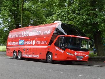 The Vote Leave bus, a large, red motor coach with the following emblazoned on its side in white:

“We send the EU £350 million a week. Let’s fund our NHS instead. Vote Leave. Let’s take back control.”