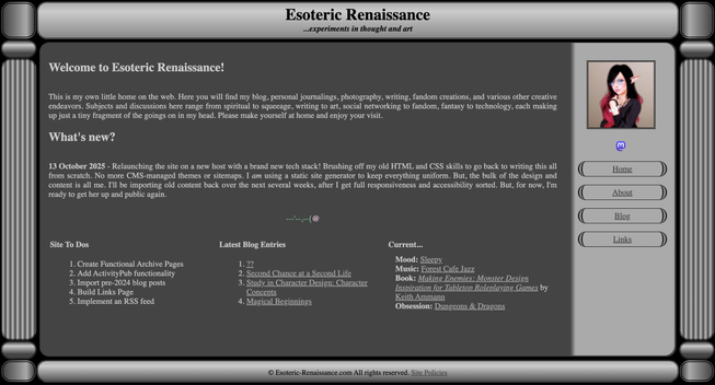 Screenshot depicting a simple web page designed with a sort of column design on the sides, all done in greyscale with a typical left-side main content and right-side sidebar layout.