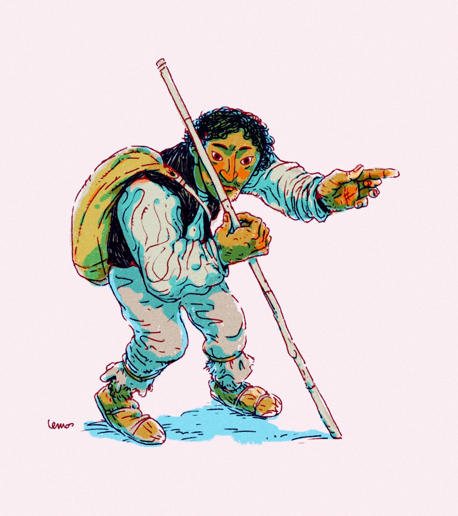 Illustrration of a Hobbit walking with a cane and a small backpack, pointing like indicating a direction.