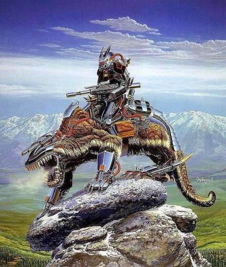 A humanoid in futuristic armor sits on a bizzare quadriped with a long tail, sharp teeth and a weapon mount on its head.