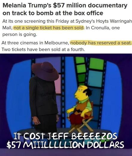 Melania Trump's $57 million documentary on track to bomb at the box office

At its one screening this Friday at Sydney's Hoyts Warringah Mall, not a single ticket has been sold. In Cronulla, one person is going.

At three cinemas in Melbourne, nobody has reserved a seat. Two tickets have been sold at a fourth.