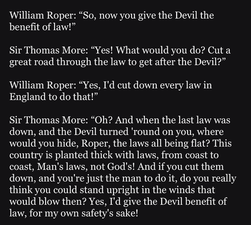 William Roper: “So, now you give the Devil the benefit of law!”  Sir Thomas More: “Yes! What would you do? Cut a great road through the law to get after the Devil?”  William Roper: “Yes, I'd cut down every law in England to do that!”  Sir Thomas More: “Oh? And when the last law was down, and the Devil turned 'round on you, where would you hide, Roper, the laws all being flat? This country is planted thick with laws, from coast to coast, Man's laws, not God's! And if you cut them down, and you're just the man to do it, do you really think you could stand upright in the winds that would blow then? Yes, I'd give the Devil benefit of law, for my own safety's sake!