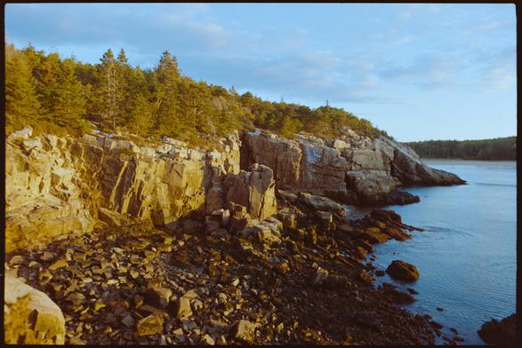 Sea cliffs illuminated in the golden light of sunrise.