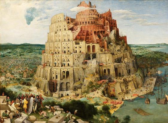 “The Great Tower of Babel,” painted by Pieter Bruegel the Elder in 1563. In the picture’s bottom left corner, courtiers fawn upon King Nimrod of Shinar, and across the painting’s base, stonemasons lay down tools to grovel before him. Most of the picture is taken up by an enormous, many-tiered tower, still under construction as it reaches towards Heaven.