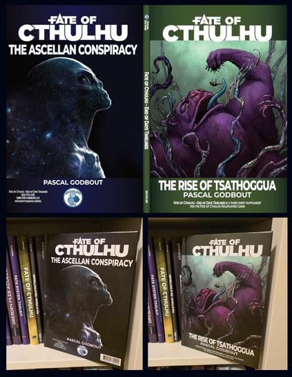 Cover image for Fate of Cthulhu End of Days Timelines
featuring The Ascellan Conspiracy and The Rise of Tsathoggua by Pascal Godbout.

The front and back covers are shown against a bookcase filled with ttrpg books.