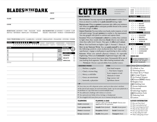The original Blades in the Dark sheet for the Cutter. It has one wide column (about half the page), one medium (about one third) with a darker background, and one very skinny column (the remaining sixth of the page).