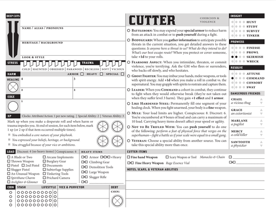 The new Deep Cuts version of the Cutter sheet. The darker background for the middle column has been removed, and although some of the original column layout remains, material is much more evenly distributed and has more room to breathe.
