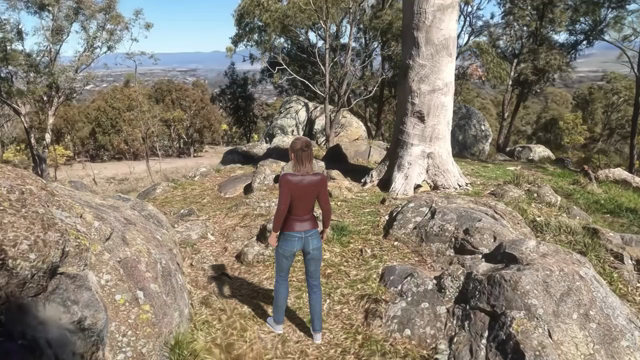 A rendered female figure in a close-fitting jumper and jeans, firstly, walking around a rocky hilltop (Mt Rogers), shaded by tall eucalyptus trees.

Next, a male figure in a blue, long-sleeved, buttoned shirt and jeans walks alongside a stone cottage (Blundell’s Cottage) with Lake Burley Griffin in the background.

A male figure in dark grey hoodie and jeans runs past a fountain outside the main entrance to the National Library of Australia.

Lastly, a female figure in a black sleeveless shirt …