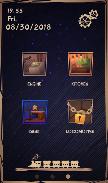 Screenshot of mobile game showing apps Engine, Kitchen, Desk, Locomotive