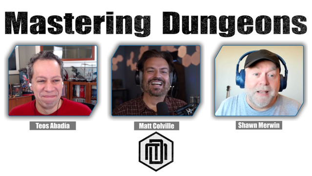 Matt Colville and Teos are laughing, while Shawn says something humorous.