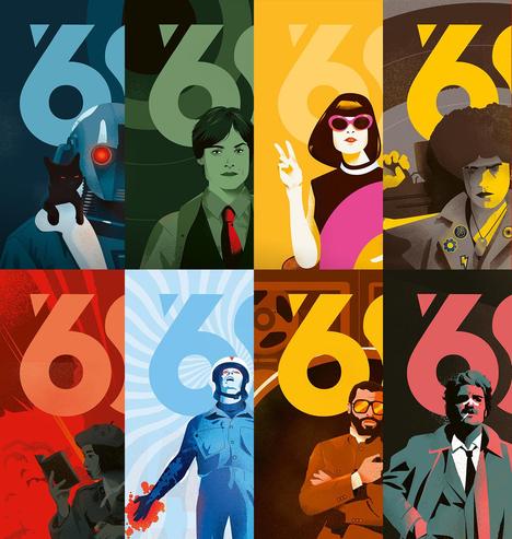 A colorful collage of the eight character playbooks in Blades '68. The robotic Hull, the shadowy Operative, the freewheeling Swinger, the taciturn Veteran, the zealous Militant, the freaky Paranormalist, the stoic Intellectual, and the hard-bitten Fixer.