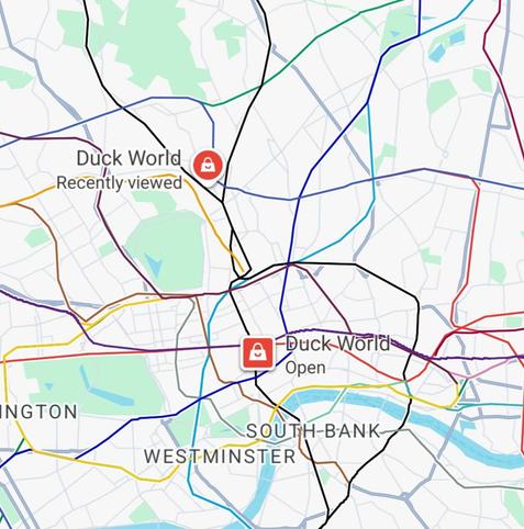 Map of London showing two "Duck World" shops marked