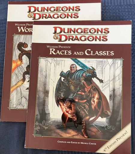 Cover of the D&D 4e Preview Books: Races and Classes; and Worlds and Monsters.