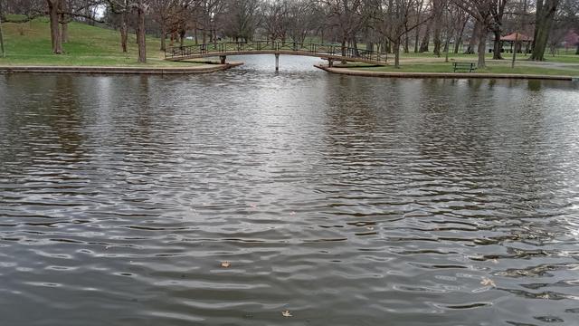 A long view across the surface of a pond in a park fills nearly the entire frame, centered in the background is an arching foot bridge over a strait, behind which another pond can be seen