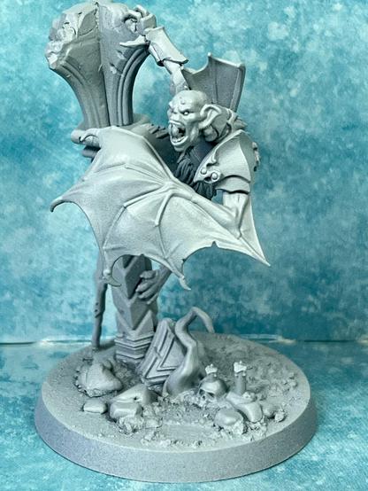 nosferatu-like vampire clinging to a broken column, half transformed into a bat, primed in light grey, over an ice background.
