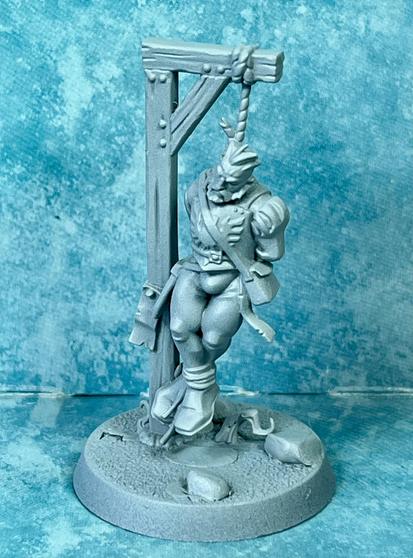 Hanged bearded man in Imperial fatigues, primed in light grey, over an ice background.