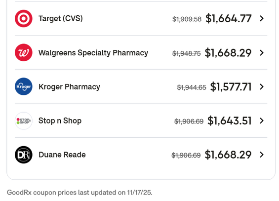 Screenshot from GoodRx showing discounted medication prices around $1600+. 