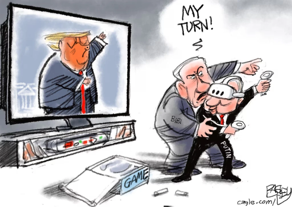 A single-panel comic by Pat Bagley, entitled “Puppet.”

A big-screen television shows Donald Trump gesturing wildly, his arms pointing to one- and three-o’clock.

Meanwhile, in front of the TV, Vladimir Putin wears a virtual reality headset and, controllers in hand, holds his arms in the same position as Trump’s. As he does so, Benjamin Netanyahu tries to grapple Putin to take the controllers from him.

“My turn!” Netanyahu cries.