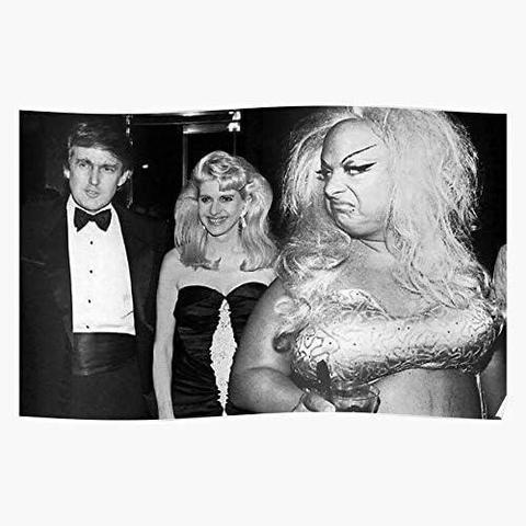 A black and white image of the late, great drag queen Divine peering over her shoulder at young, smiling Donald and Ivana Trump. Divine wears an expression of utter contempt and disgust.


[Edit: per @Ralph@hear-me.social, the image is actually a digital composite, created by artist Sugar Deluxe, from a 1989 image of the Trumps; Divine passed away in 1987.]