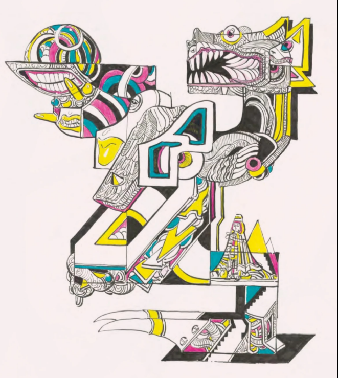 Illustration of a dragon from Troika Numinous Edition. It's extremely abstract, juts at weird angles, and contains other characters entwined inside.