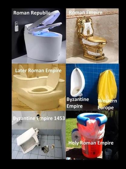 Six images of toilets to illustrate various stages of the Roman Empire.

1. Roman Republic: A sleek, modern porcelain design with automated seat and lid, bowl lighting, and remote control.

2. Roman Empire: A gleaming gold toilet in a marble bathroom setting.

3. Later Roman Empire: A dual toilet, with two seats facing in opposite directions, and an extended cistern with centre-mounted flush buttons snaking between them.

4. Byzantine Empire: A white porcelain urinal against cobalt blue bathroo…