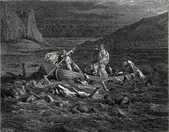 “Phlegyas, a Ferryman on the River Styx,” Gustave Doré, 1903.

A black and white woodcut showing Phlegyas, a heavily muscled and very nearly naked man of classical physique standing in a boat on the river Styx, straining against the oar. His two passengers look concerned as hordes of lost souls attempt to slide from the waters onto their vessel.