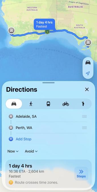 Screenshot from Apple Maps, showing the fastest route from Adelaide, South Australia, to Perth, Western Australia, the capitals of adjacent states, FWIW: 1 day, 4 hours, or 2604 kilometres (1618 miles).
