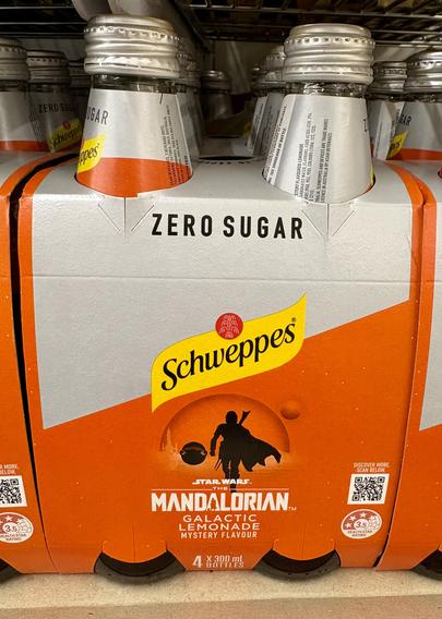 A four-pack of 300 millilitre bottles of Schweppes’ Star Wars: The Mandalorian-branded zero-sugar Mystery Flavour Galactic Lemonade.