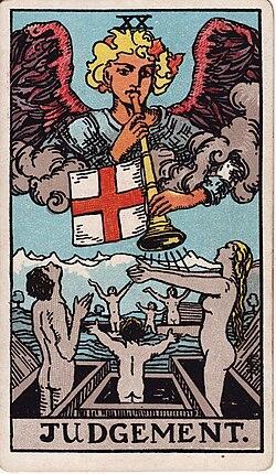The Judgement card from the Rider-Waite Tarot’s major arcana. Naked people emerge from coffins to behold an angel in the sky, which blows a golden trumpet bearing the cross of St George. Courtesy of Wikimedia Commons.