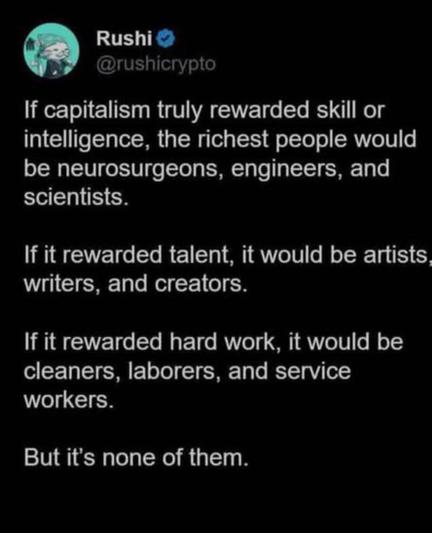 A Twitter post from Rushi (@rushicrypto):

“If capitalism truly rewarded skill or intelligence, the richest people would be neurosurgeons, engineers, and scientists.

“If it rewarded talent, it would be artists, writers, and creators

“If it rewarded hard work, it would be cleaners, laborers, and service workers.

“But it’s none of them.”