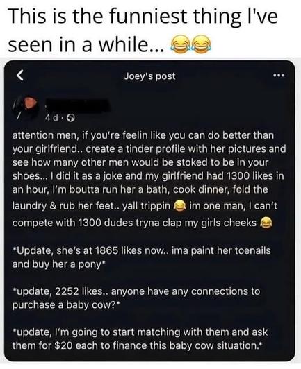 This is the funniest thing I’ve seen in a while… [laughing emojis]

attention men, if you’re feelin like you can do better than your girlfriend… create a tinder profile with her pictures and see how many other men would be stoked to be in your shoes… I did it as a joke and my girlfriend had 1300 likes in an hour, I’m boutta run her a bath, cook dinner, fold the laundry & rub her feet… yall trippin [laughing emoji] I’m one man, I can’t compete with 1300 dudes tryna clap my girls cheeks [laughing…