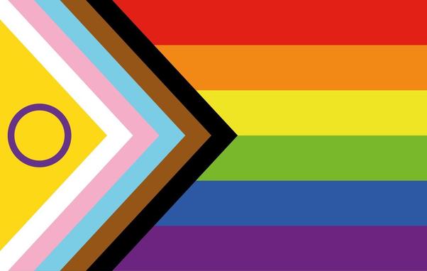 The Intersex-Inclusive Progress Pride Flag. In addition to the more common six-striped Rainbow Flag, it features a striped chevron on the staff side representing people living and lost with HIV/AIDS, queer people of colour, transgender people, and the intersex community.