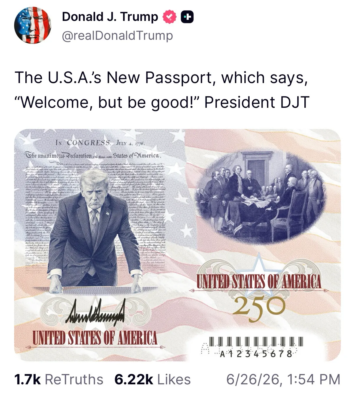 Screenshot of social media post by the asshole in the White House.

It shows an image of the special commemorative passport, which has a picture of the asshole glowering at the viewer, trying to look intimidating.

Text:

"The USA's new passport, which says "Welcome, but be good!" President DJT"