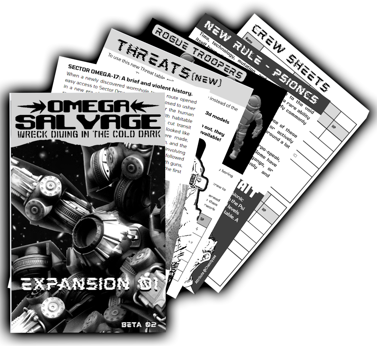 Spread of cover and pages from the Omega Salvage Expanion 01 zine.