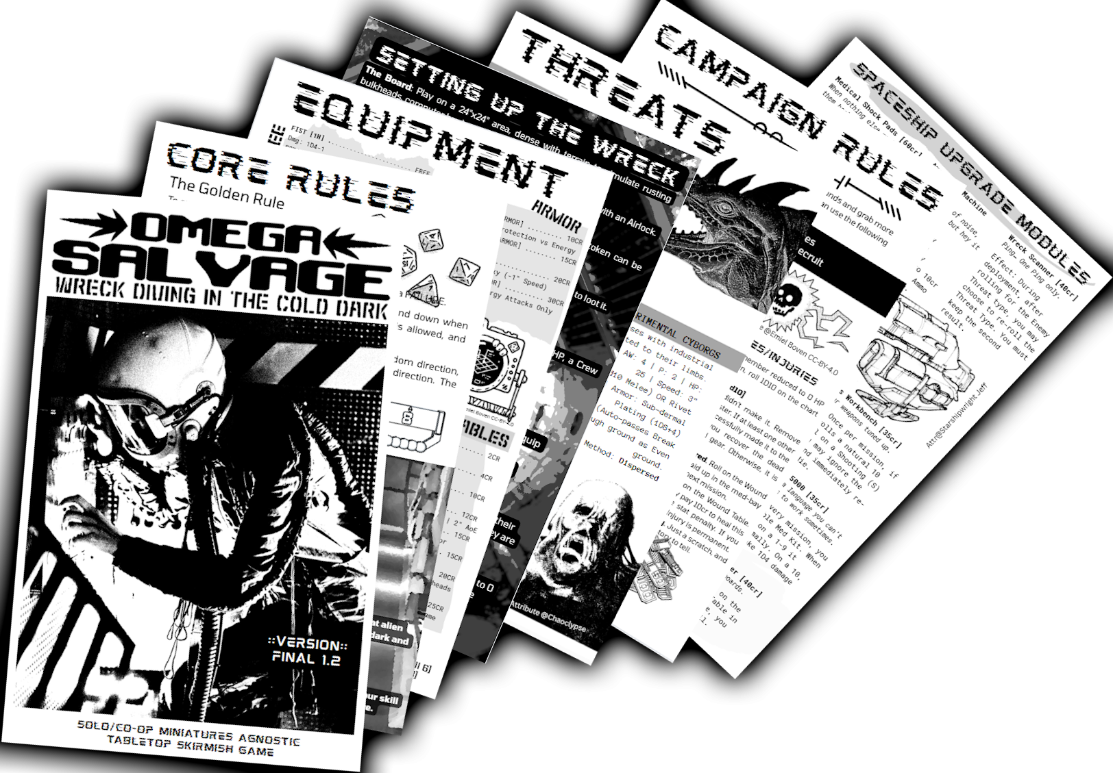 Spread of cover and pages from the Omega Salvage Core Rules zine.