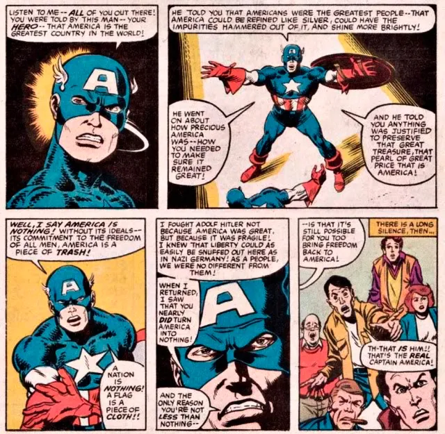 A page from a "what if" issue of Captain America, in which an imposter leads Americans down a path of intolerance and hate.

In five panels, "Cap" lectures a crowd on America's true strengths.

"Well, I say America is NOTHING! Without its ideas -- it's commitment to the freedom of all men, America is a piece of TRASH!"